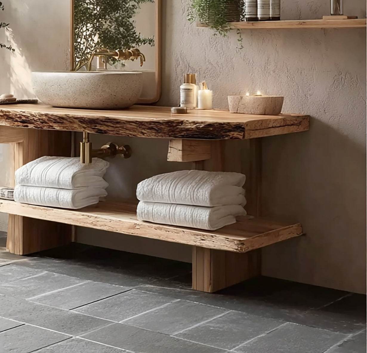 Live Edge Wood Bathroom Vanity – Handmade Rustic Solid Wood Sink Console with Shelf