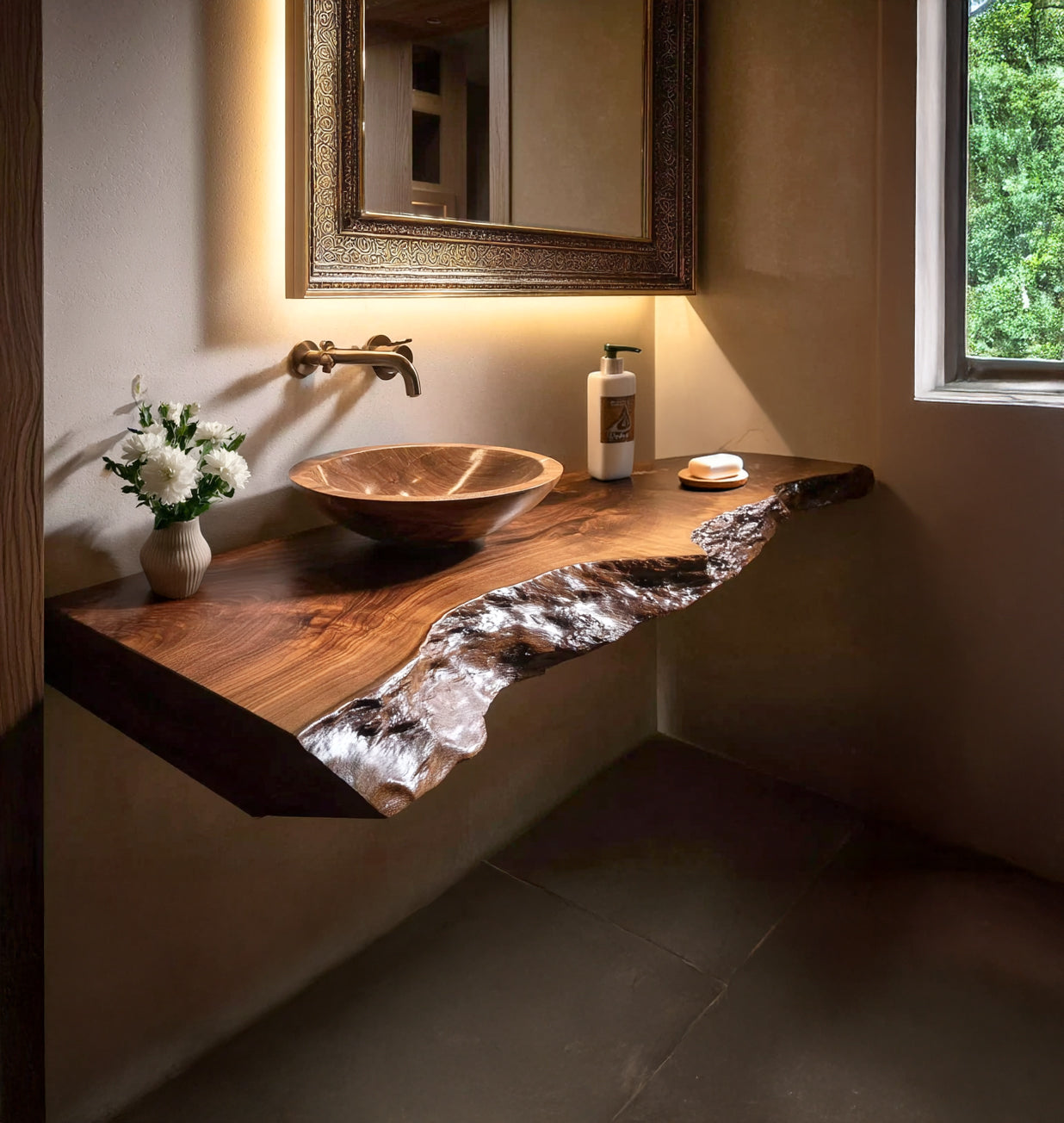 Rustic Live Edge Bathroom Vanity Shelf – Handmade Floating Wood Shelf