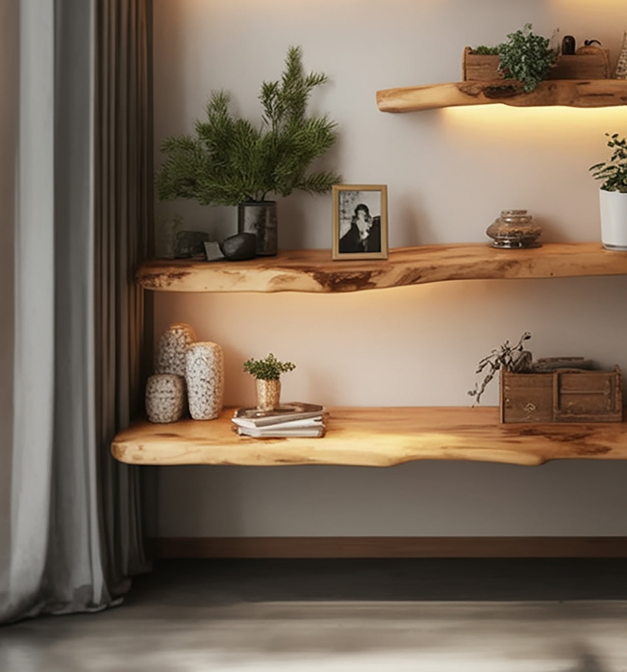 Handcrafted Live Edge Floating Shelves – Carved Wavy Wood Wall Shelf