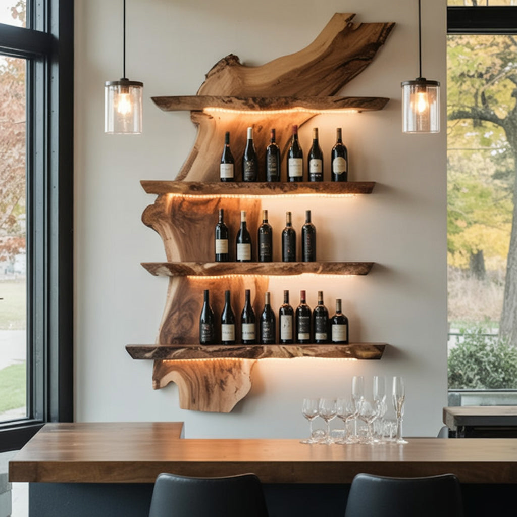 Christmas Handmade Live Edge Wood Wine Rack – Wall Mounted Rustic Shelf