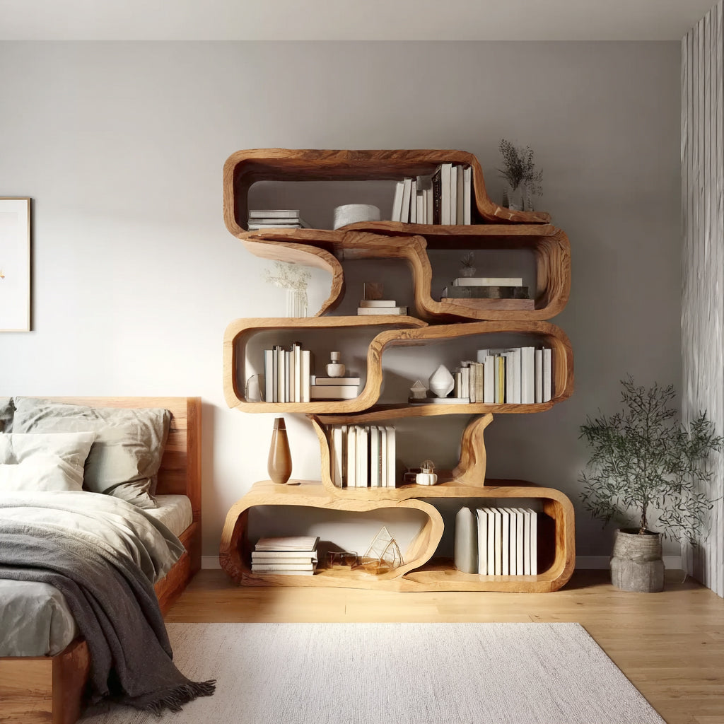 Handcrafted Solid Wood Bookshelf – Modern Sculptural Bookcase, Artistic Storage Shelf