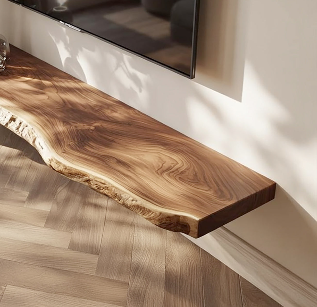 Live Edge Solid Wood Floating TV Stand – Handcrafted Rustic Wall-Mount Media Shelf