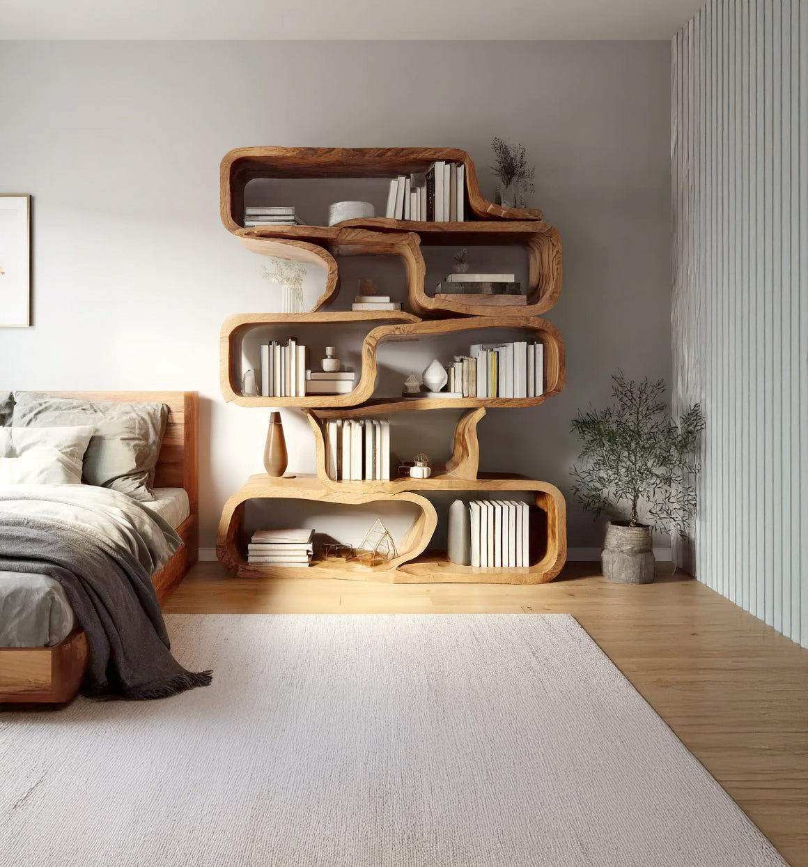 Handcrafted Solid Wood Bookshelf – Modern Sculptural Bookcase, Artistic Storage Shelf