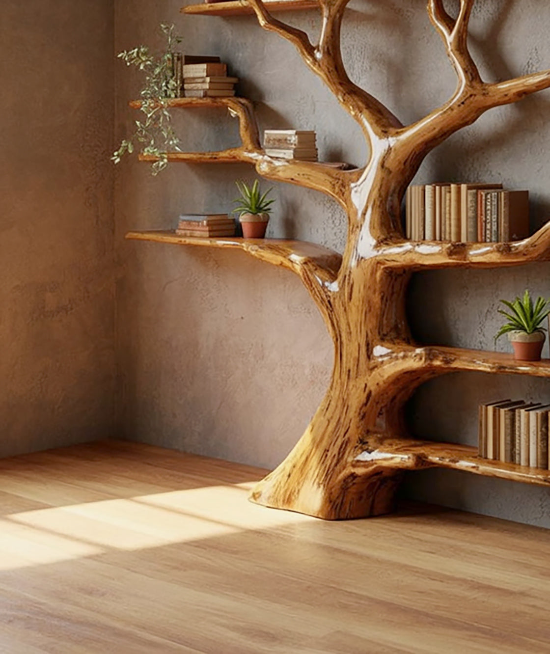 Tree Bookshelf – Rustic Wooden Book Tree Shelf, Wall-Mounted Natural Wood Décor