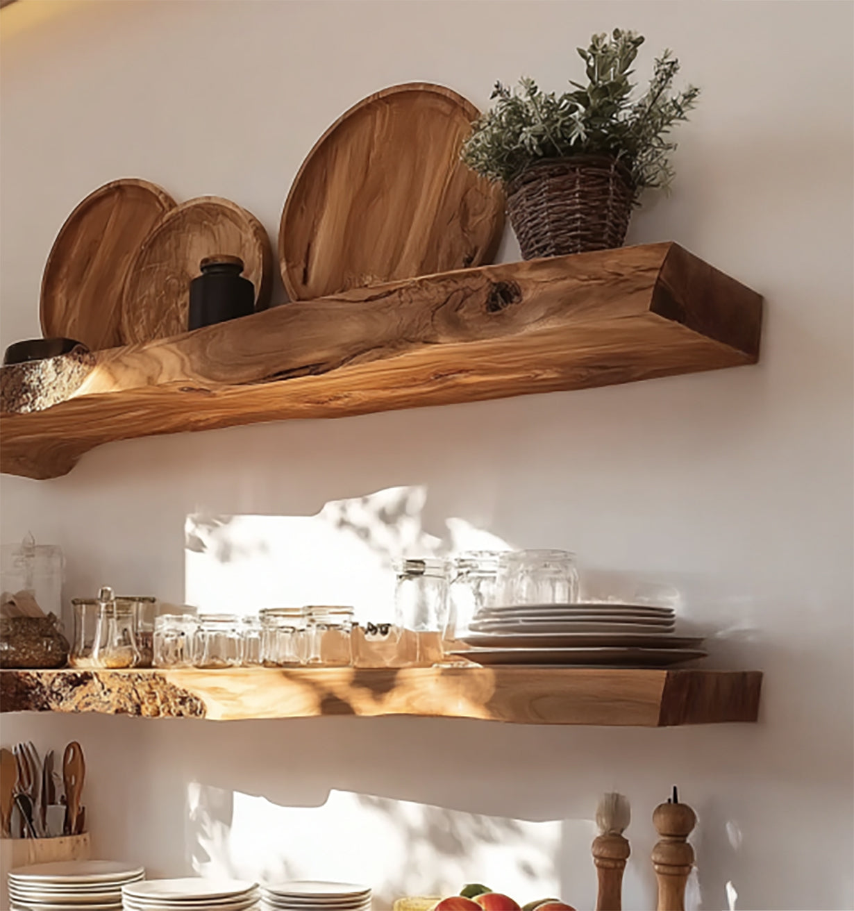 Handcrafted Live Edge Floating Shelf – Carved Wavy Wood Wall Art