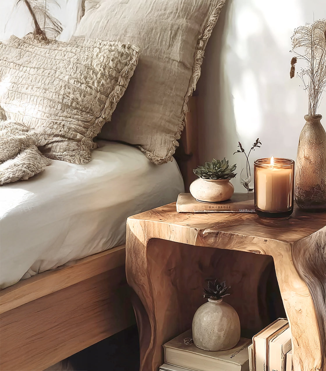 Live Edge Wooden Nightstand – Handmade Solid Wood Bedside Table with Shelf