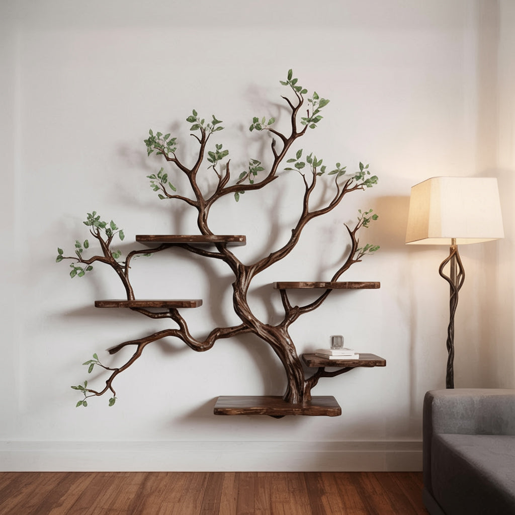 Live Edge Floating Bookshelf – Solid Wood Wall-Mounted Branch Shelf