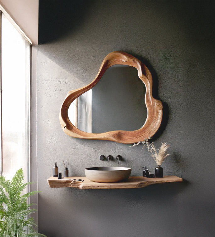 Handmade Asymmetrical Wooden Wall Mirror – Rustic Irregular Farmhouse Mid-Century Modern Bathroom Mirror