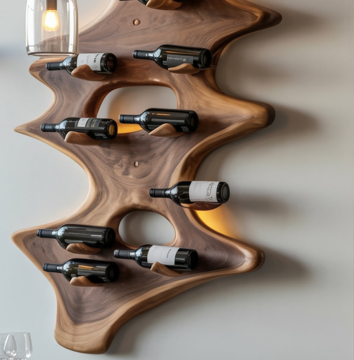 Wood Wine Rack – Wall-Mounted & Hanging Stemware Holder, Rustic Bar Shelf