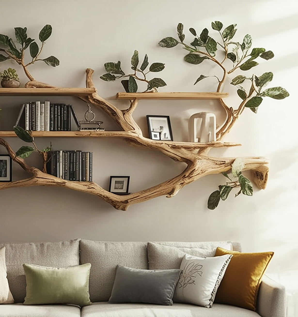 Handcrafted Tree Branch Wall Bookshelf – Natural Wood Floating Shelves