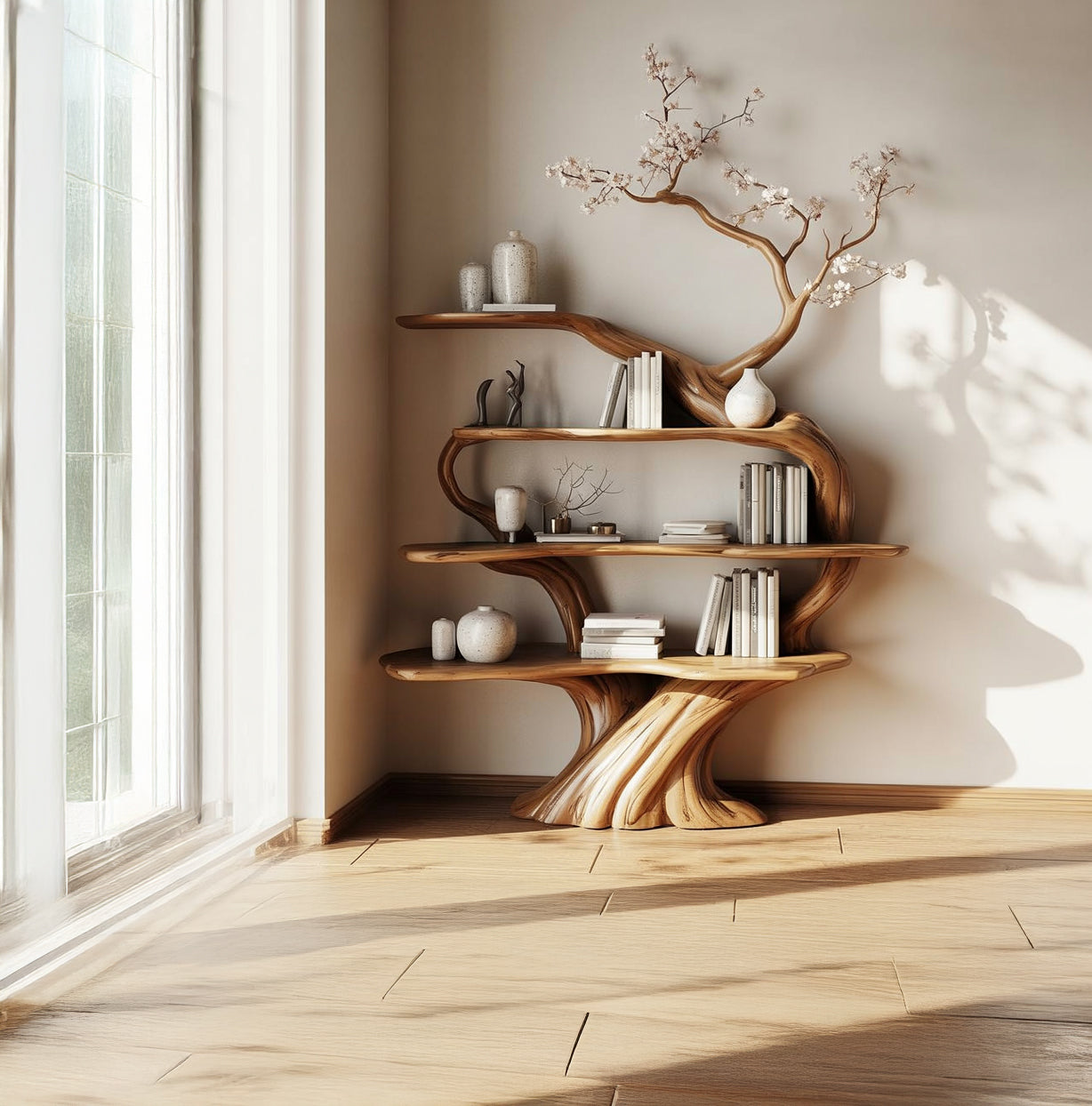 Artistic wooden bookshelf shaped like a tree with white vases and books in a sunlit room