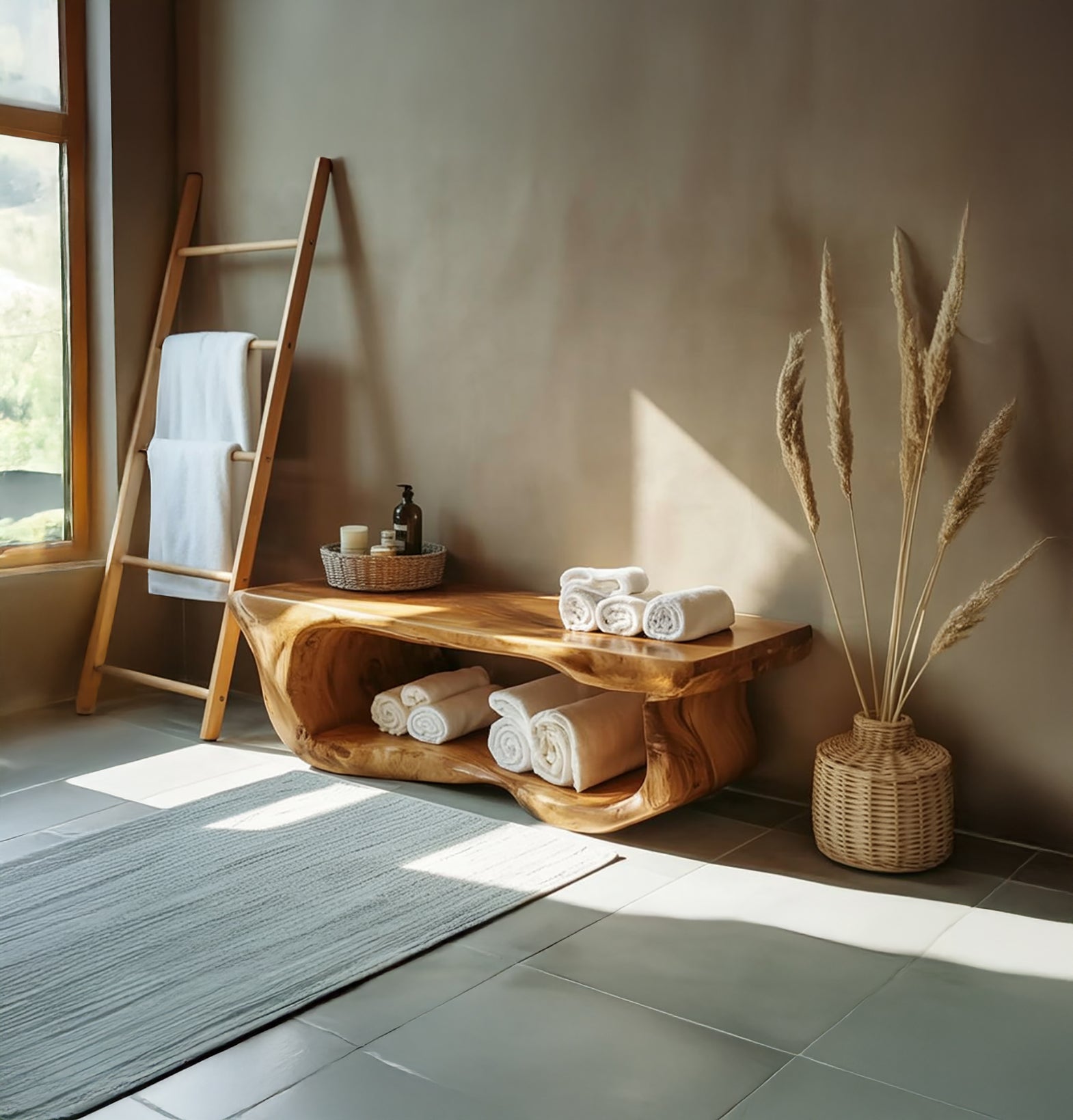 Handcrafted Solid Wood Bathroom Bench with Built-In Storage – Spa Style