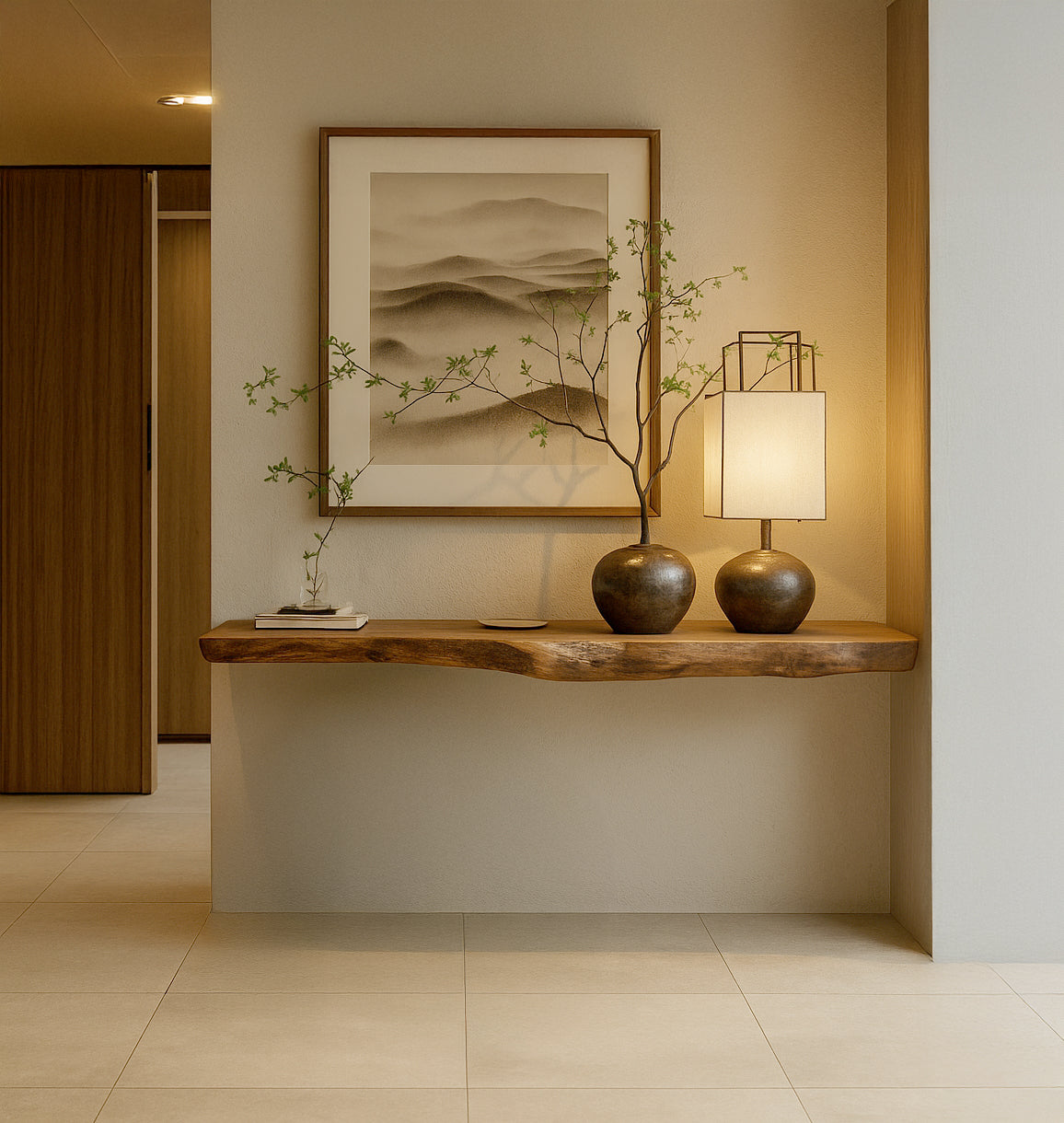 Minimalist entryway with natural wood floating shelf, bronze vases, leafy branches, soft lamp, and mountain artwork