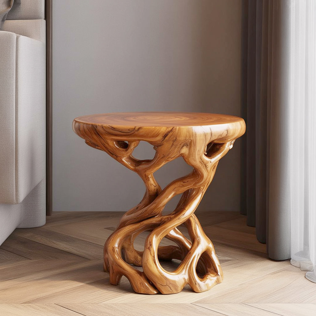 Modern wooden side table with natural tree root design in a minimalist living room