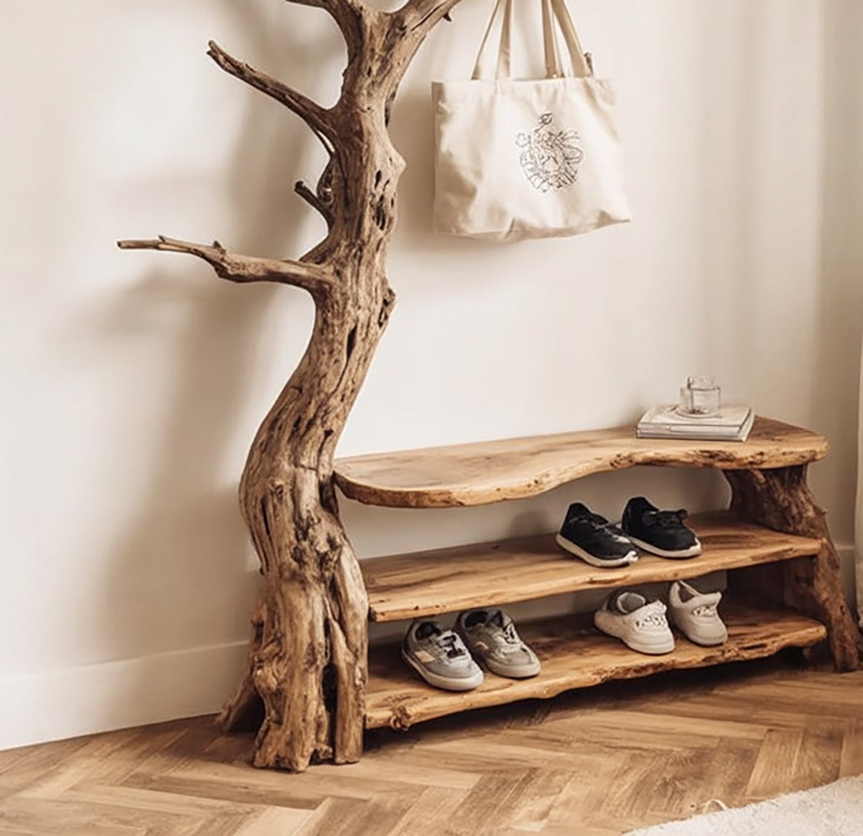 Driftwood Tree Branch Coat Rack – Wall-Mounted Solid Wood Hooks