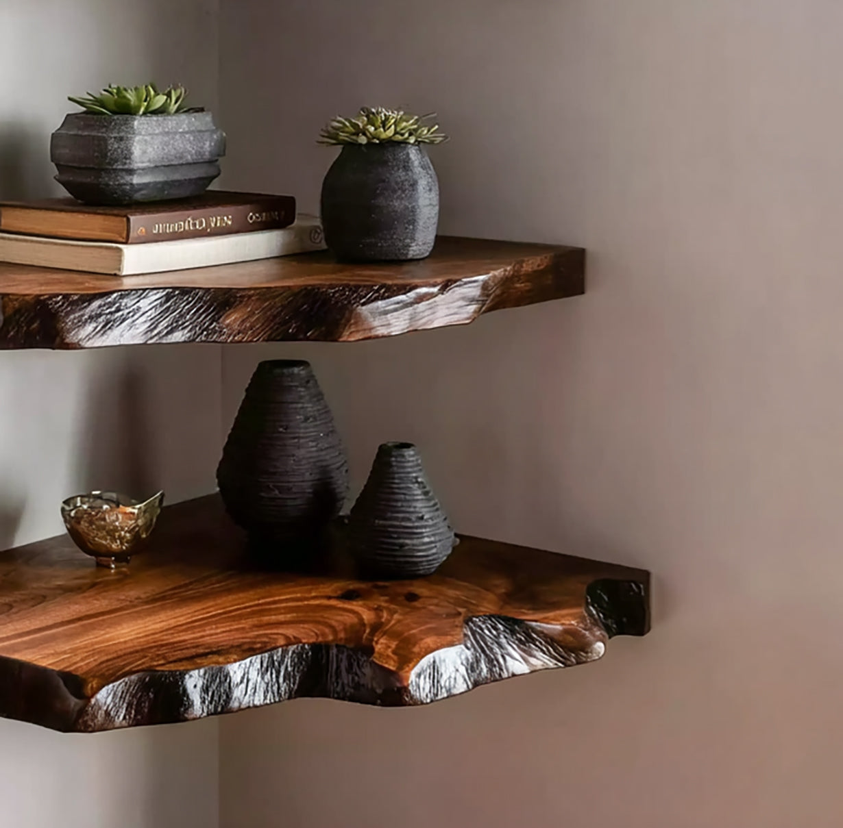Solid Wood Corner Floating Shelf – Rustic Live Edge Wall Decor