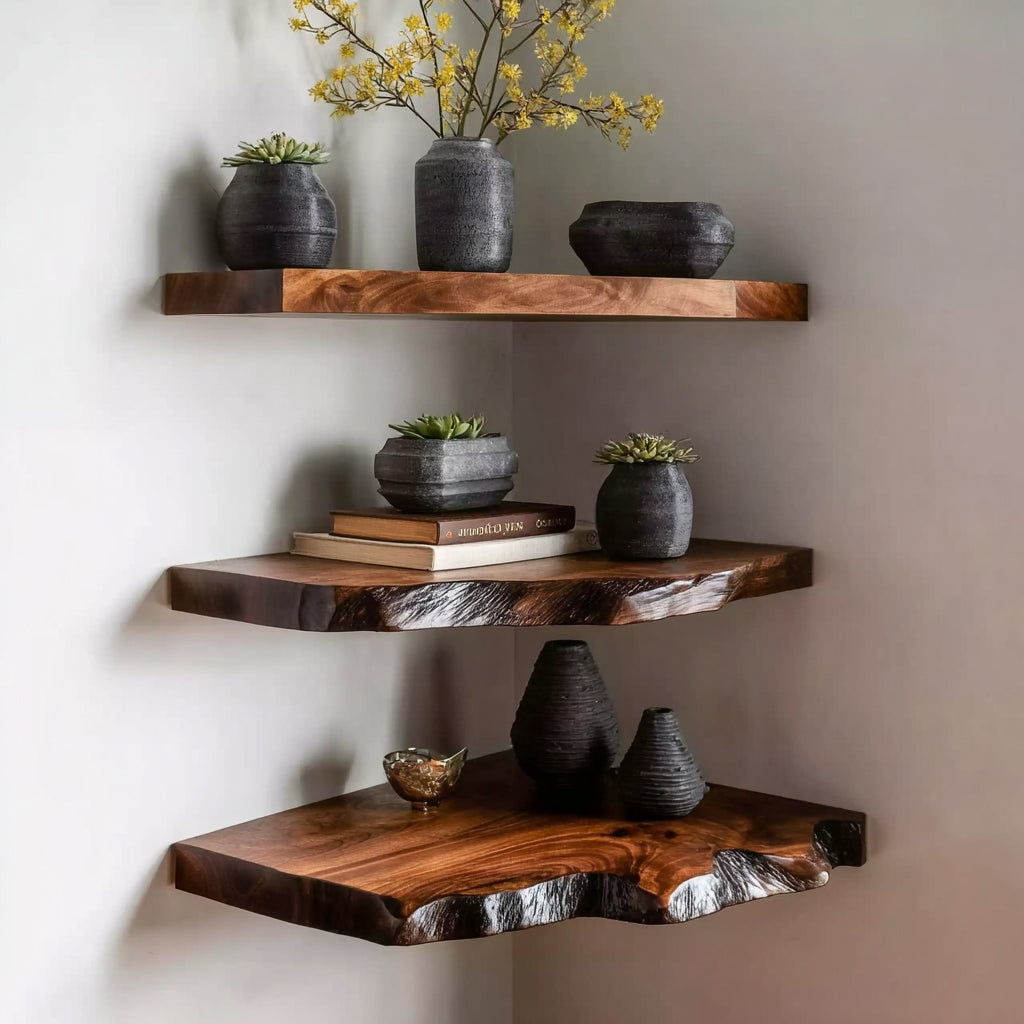 Solid Wood Corner Floating Shelf – Rustic Live Edge Wall Decor