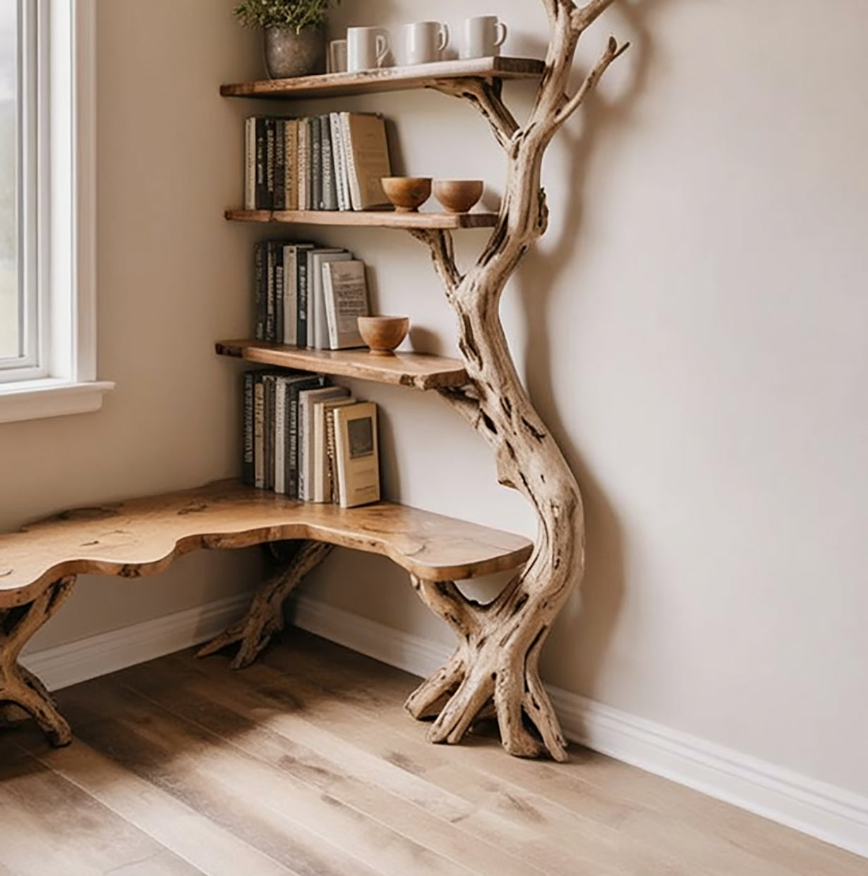 Driftwood Corner Bookshelf: Solid Wood Tree Branch Carving