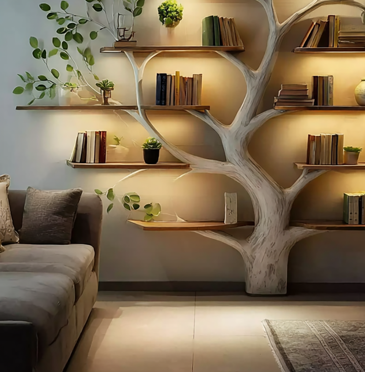 Handmade Wooden Tree Bookshelf – Natural Wood Wall Bookcase