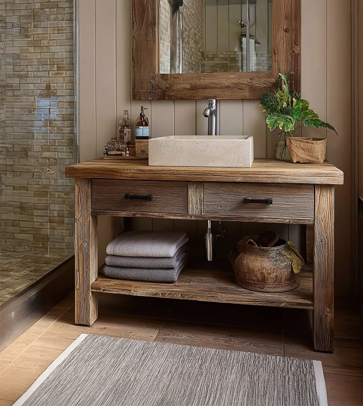 Wooden Rustic Style Handmade Bathroom Vanity – Live Edge Solid Wood Cabinet Sink Table
