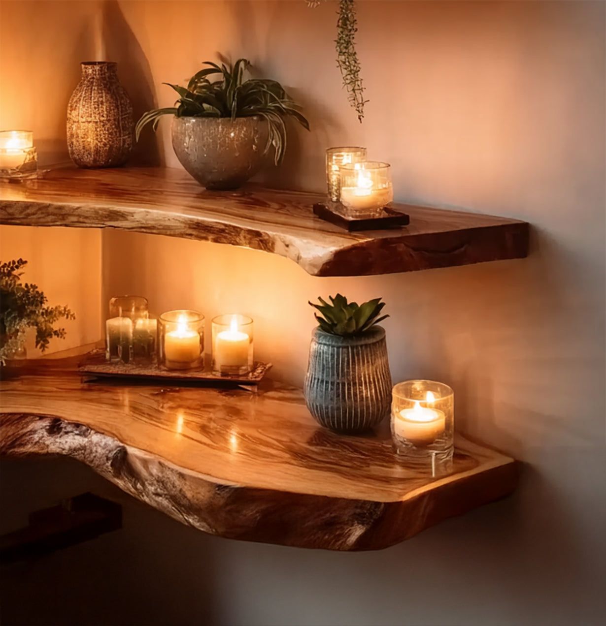 Rustic Live Edge Corner Floating Shelves – Handmade Solid Wood Wall Shelves