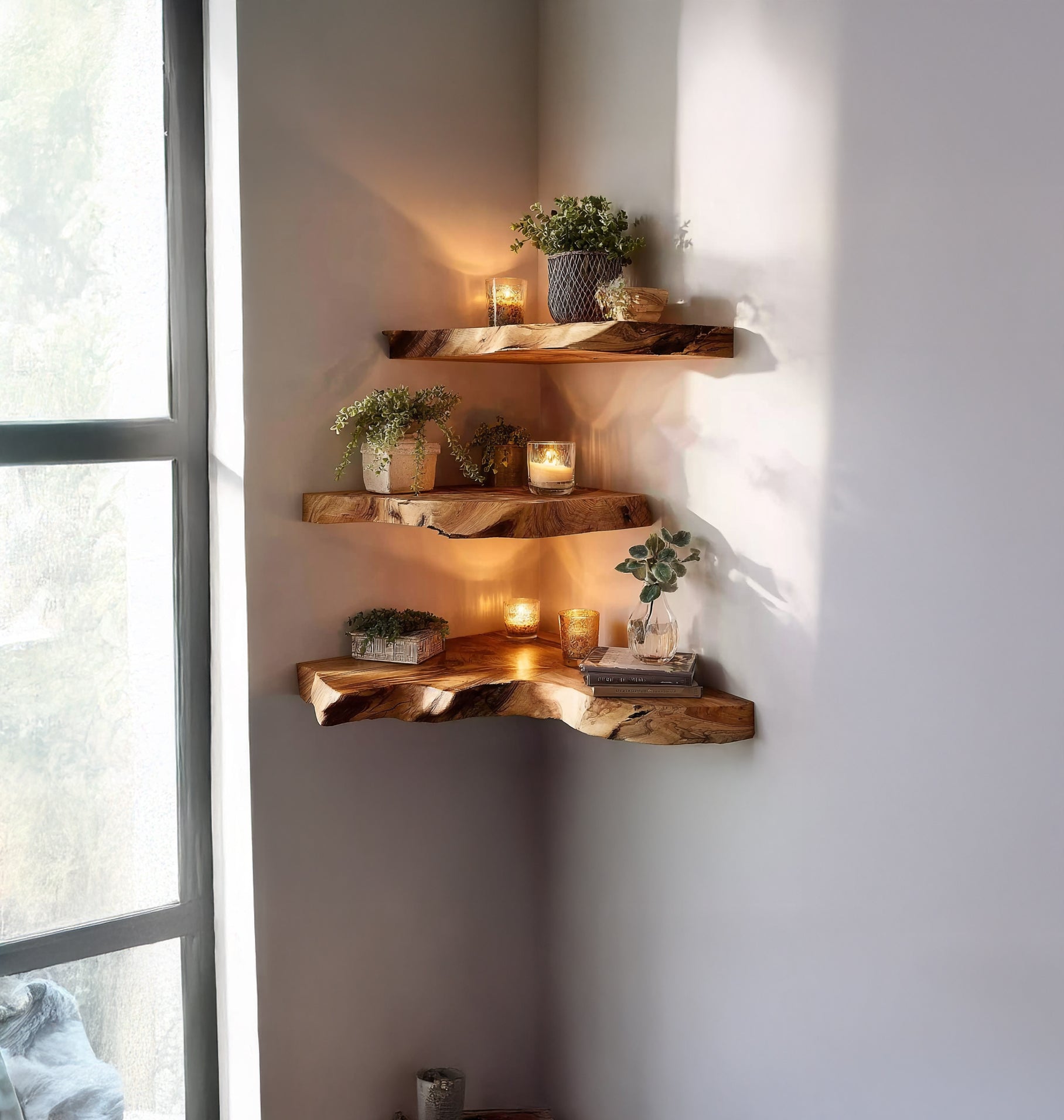 Handcrafted Live Edge Corner Shelves – Solid Wood Floating Wall Shelves