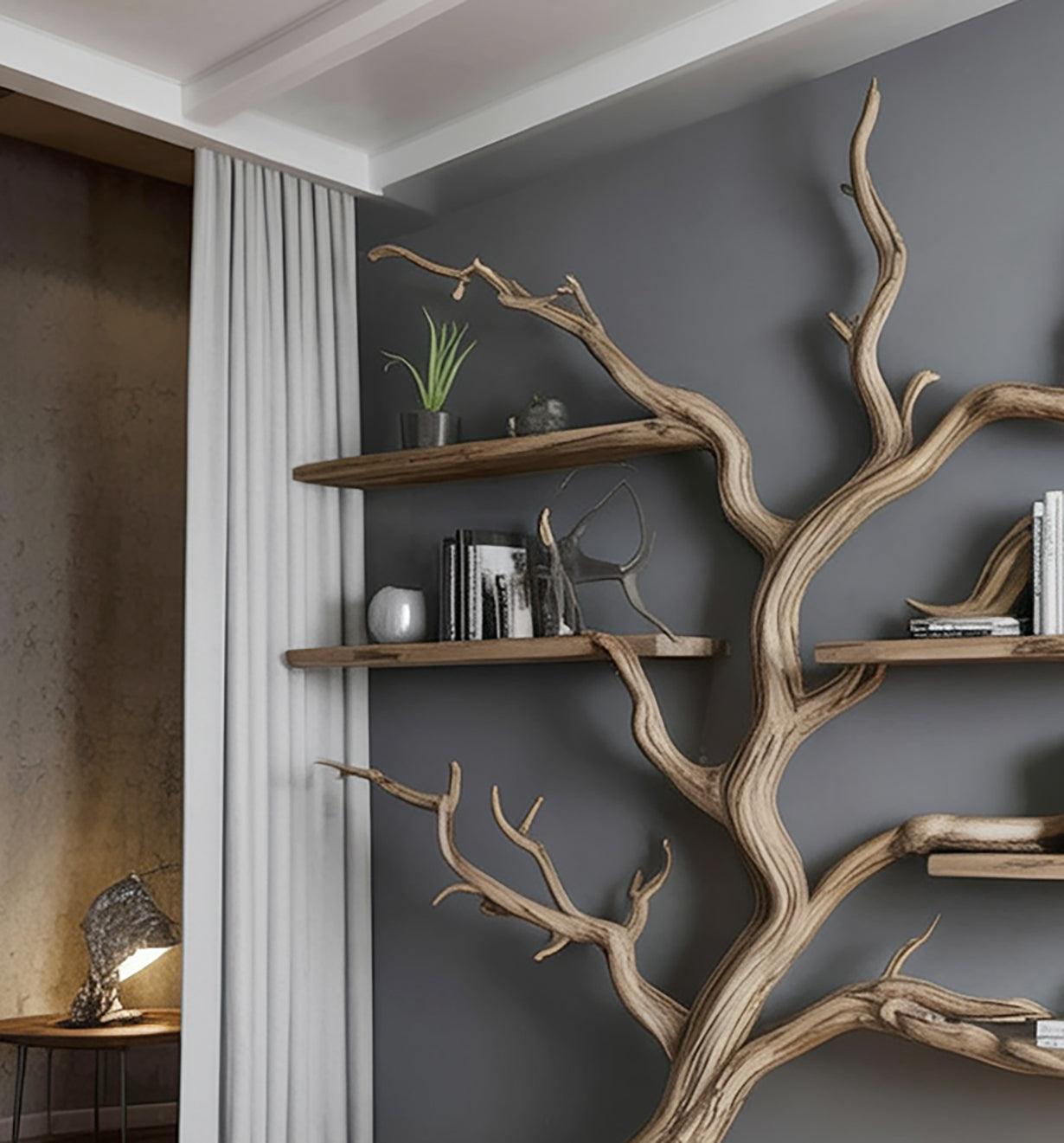 Tree Branch Wall Shelf – Artistic Wooden Bookshelf for Living Room