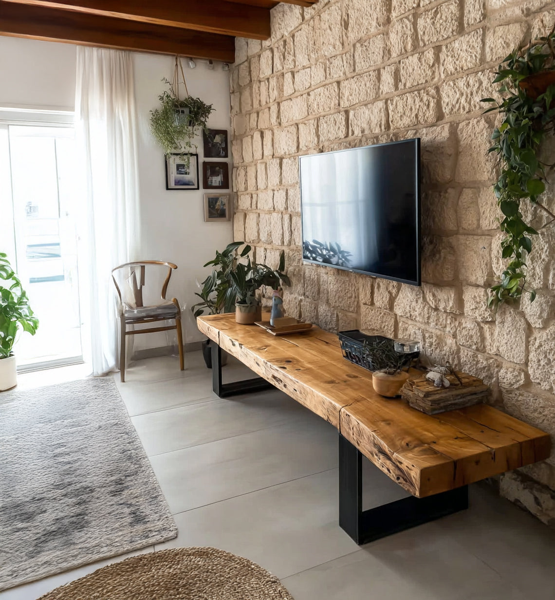 Rustic Live Edge TV Stand – Handmade Solid Wood Media Console with Black Metal Legs