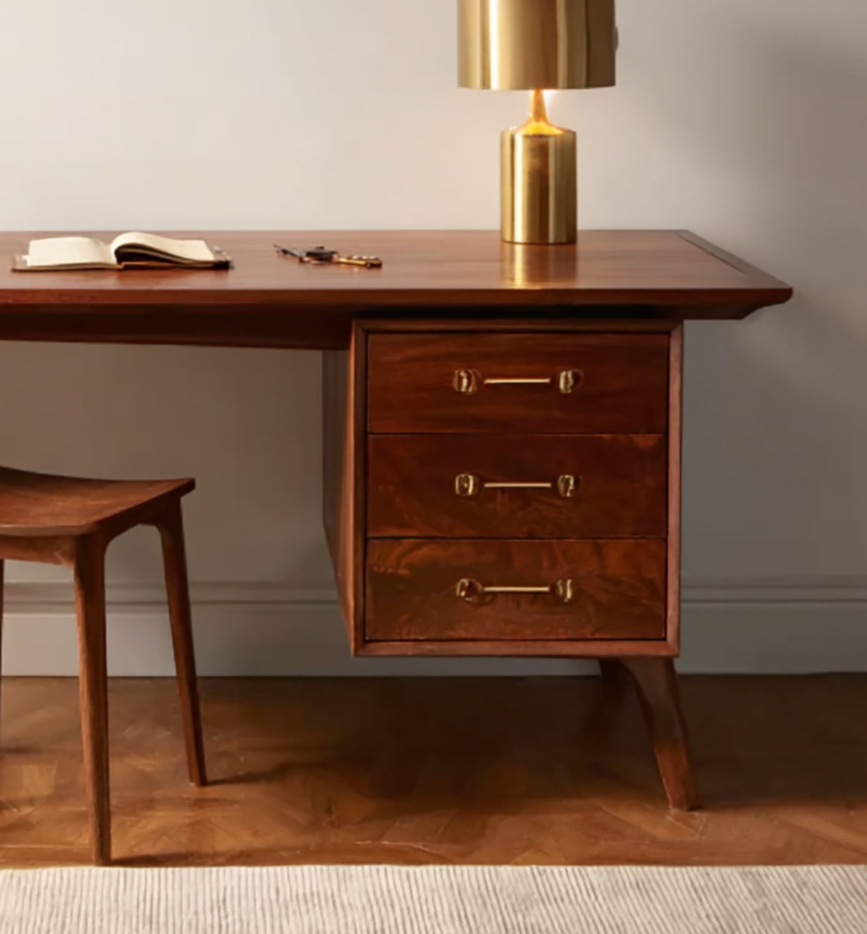 Mid-Century Modern Solid Wood Desk – Elegant Walnut Writing Table with Brass Accents