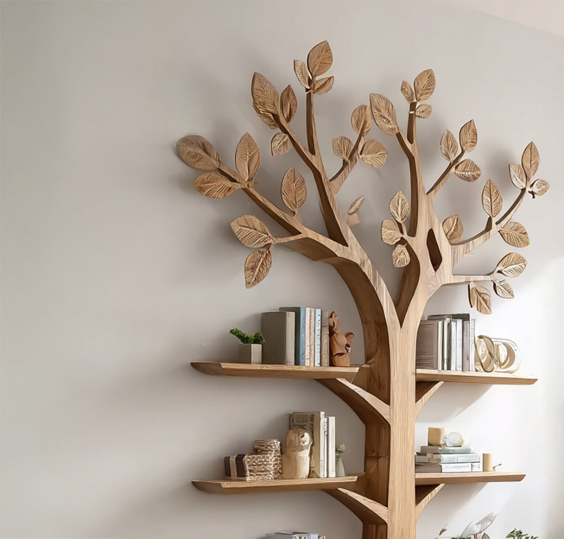 Rustic Wooden Tree Bookshelf: Wall-Mounted Bookcase, Natural Wood Furniture