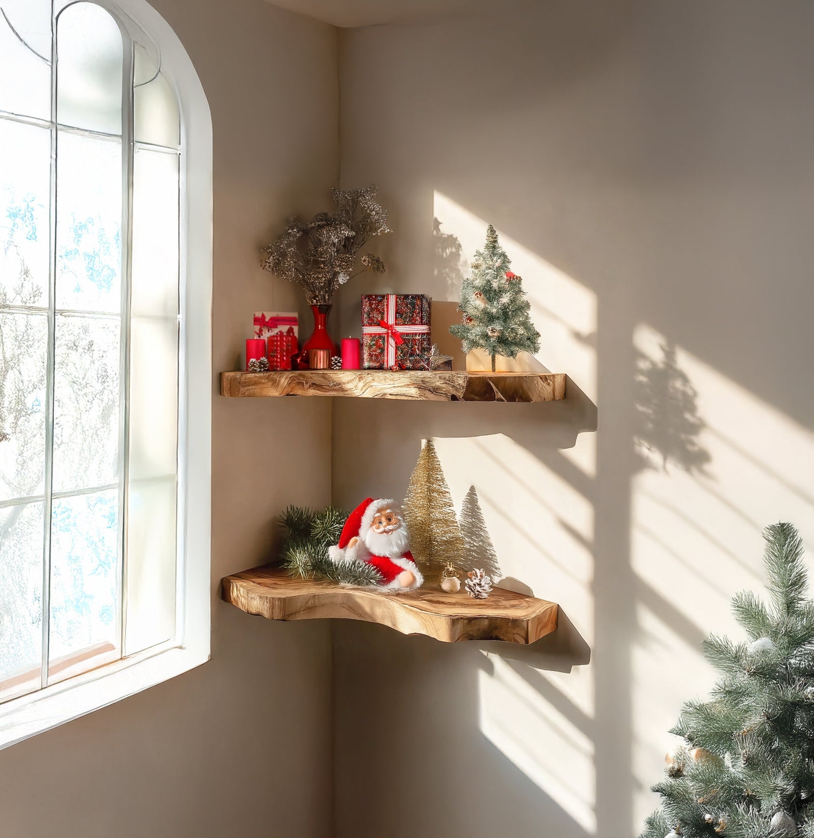 Handmade Christmas Floating Shelf – Live Edge Wooden Bookshelf & Décor Gift