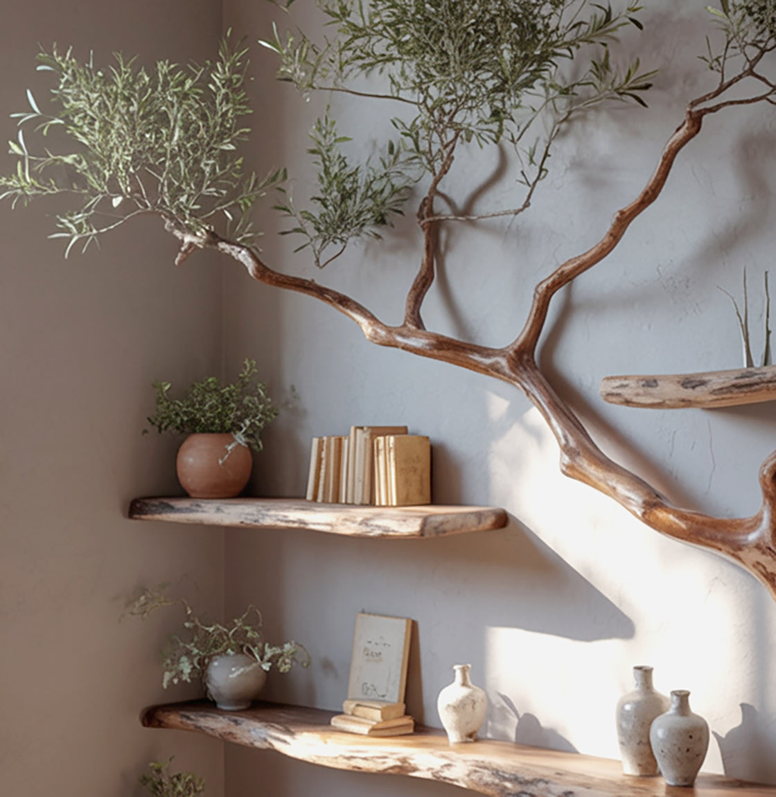 Live Edge Tree Wall Shelf – Artistic Wooden Floating Shelf, Rustic Handmade Decor