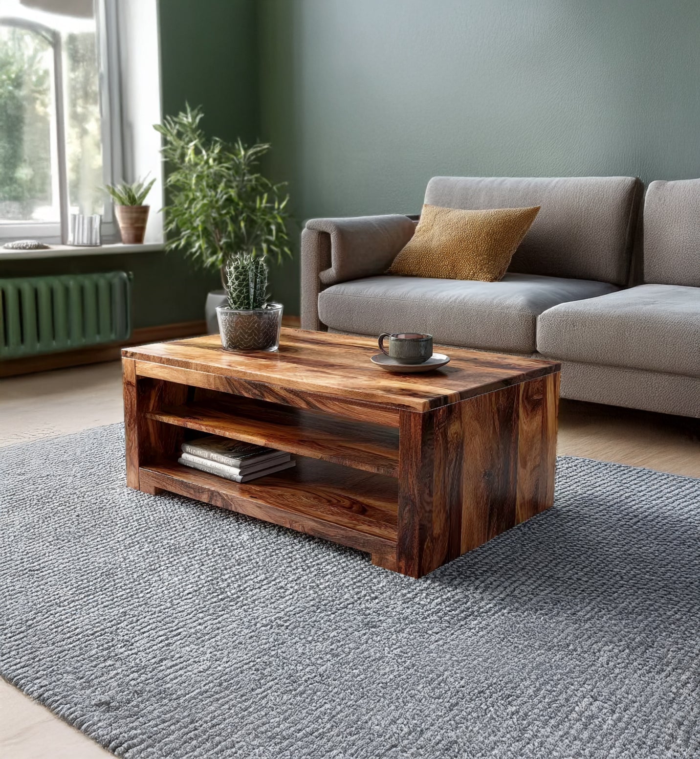 Handcrafted Solid Wood Coffee Table with Open Storage, Modern Rustic Living Room Table
