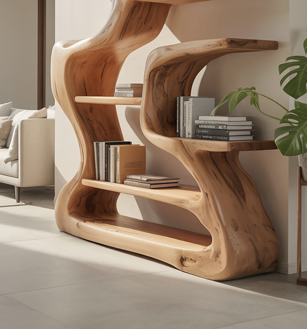 Artistic Wooden Bookshelf – Handcrafted Sculptural Curved Shelf for Modern Home Decor