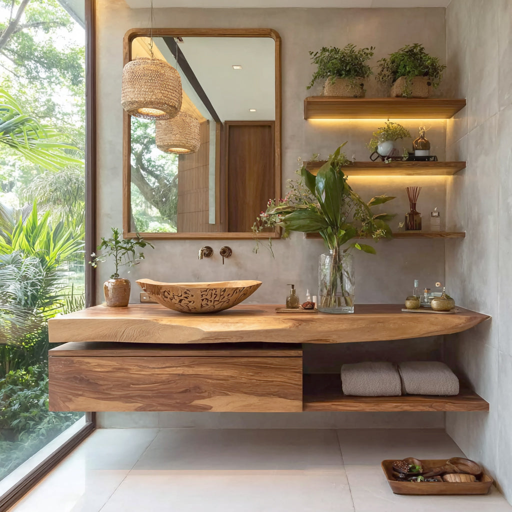 Live Edge Floating Vanity – Solid Wood Bathroom Sink Cabinet with Storage Drawer