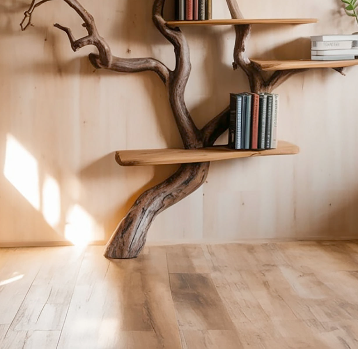 Live-Edge Tree Branch Wall Bookshelf – Sculptural Natural Wood Storage