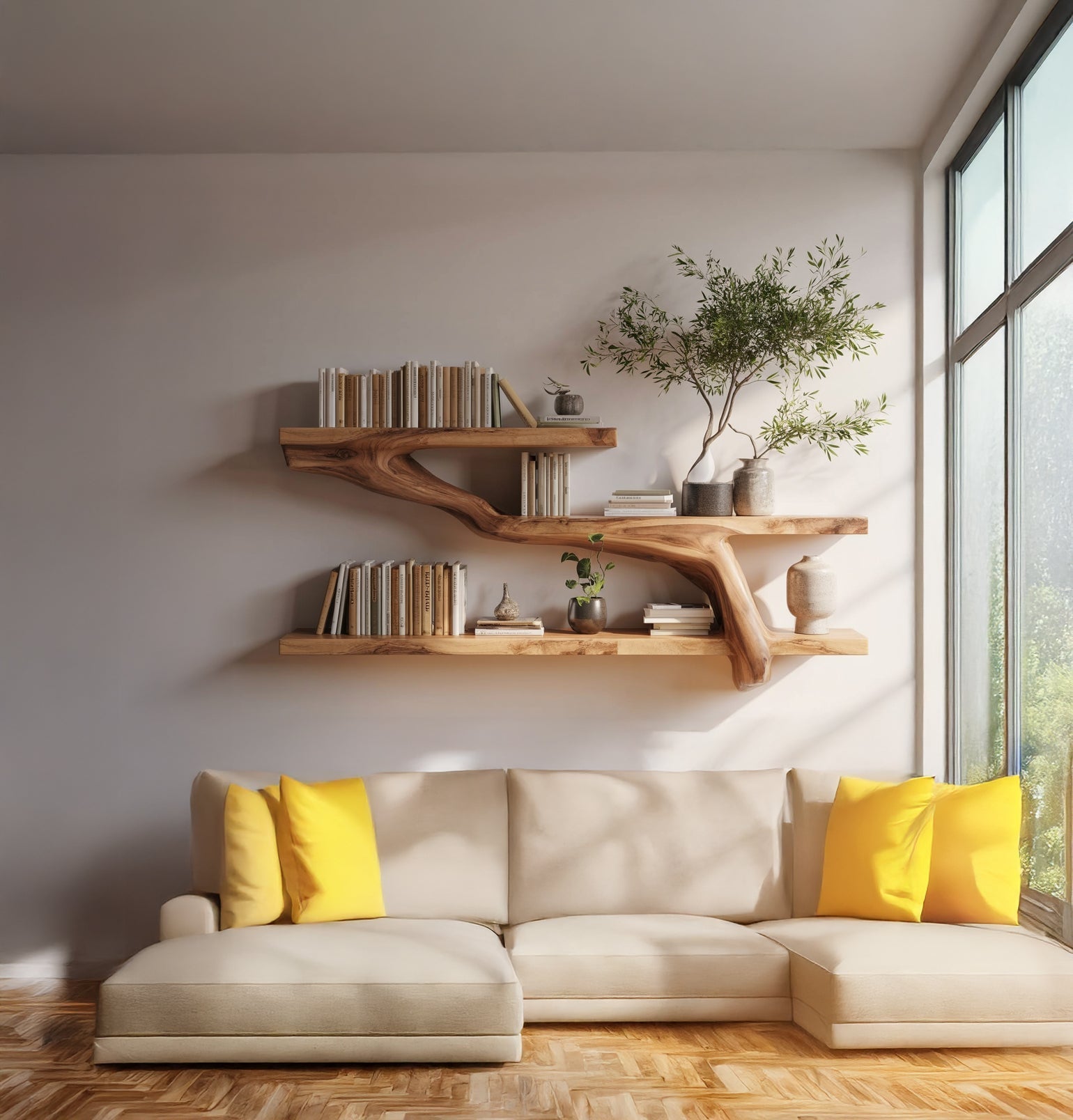 Live Edge Tree Branch Wall Shelf – Handmade Solid Wood Floating Shelf Decor