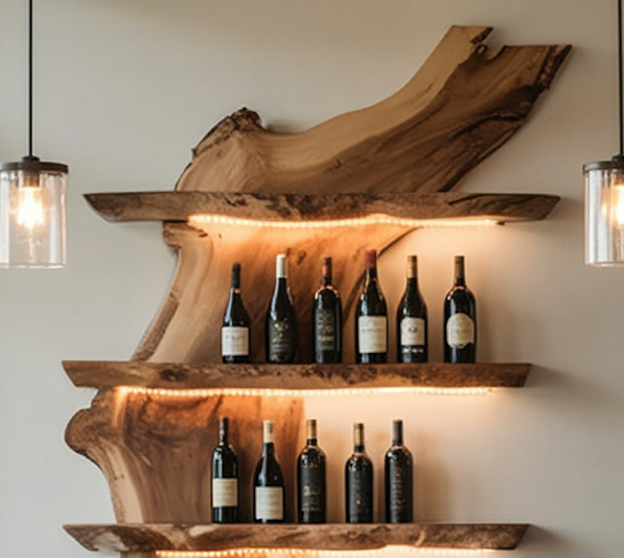 Christmas Handmade Live Edge Wood Wine Rack – Wall Mounted Rustic Shelf