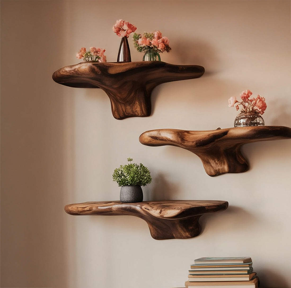 Handcrafted Organic Wooden Floating Wall Shelves – Live Edge Solid Wood