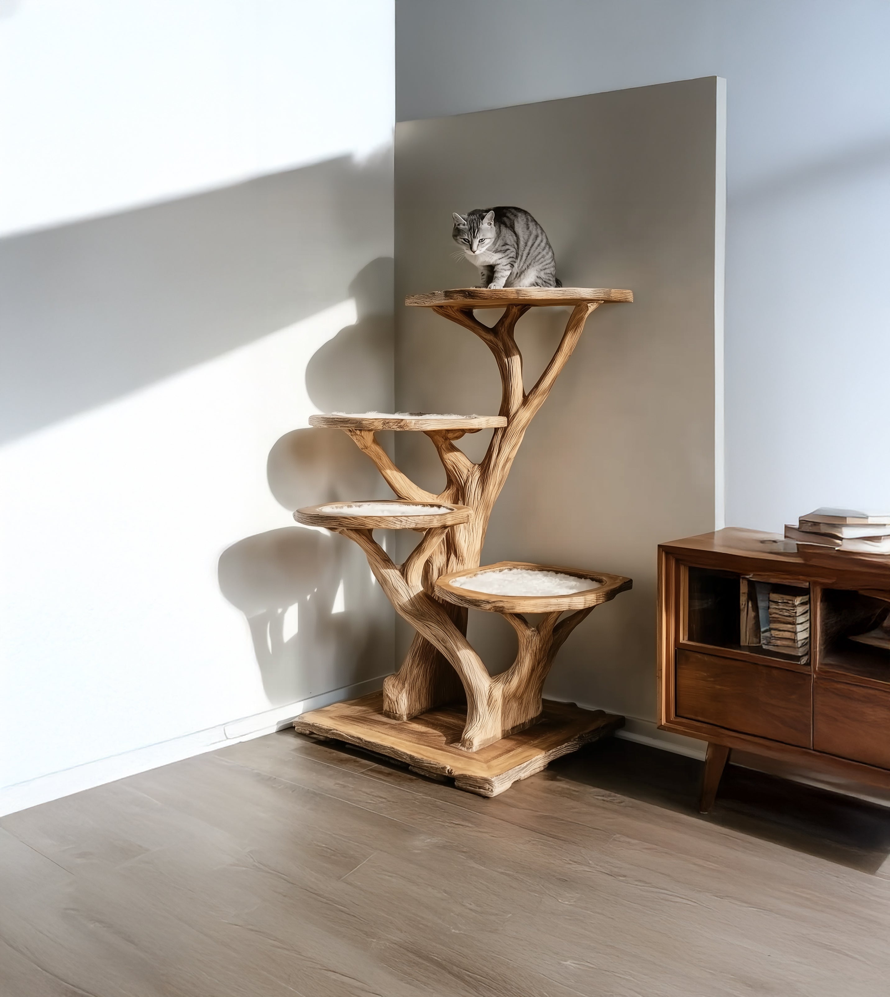 Natural Wood Cat Tree Tower – Modern Handmade Large Cat Tree House with Shelves