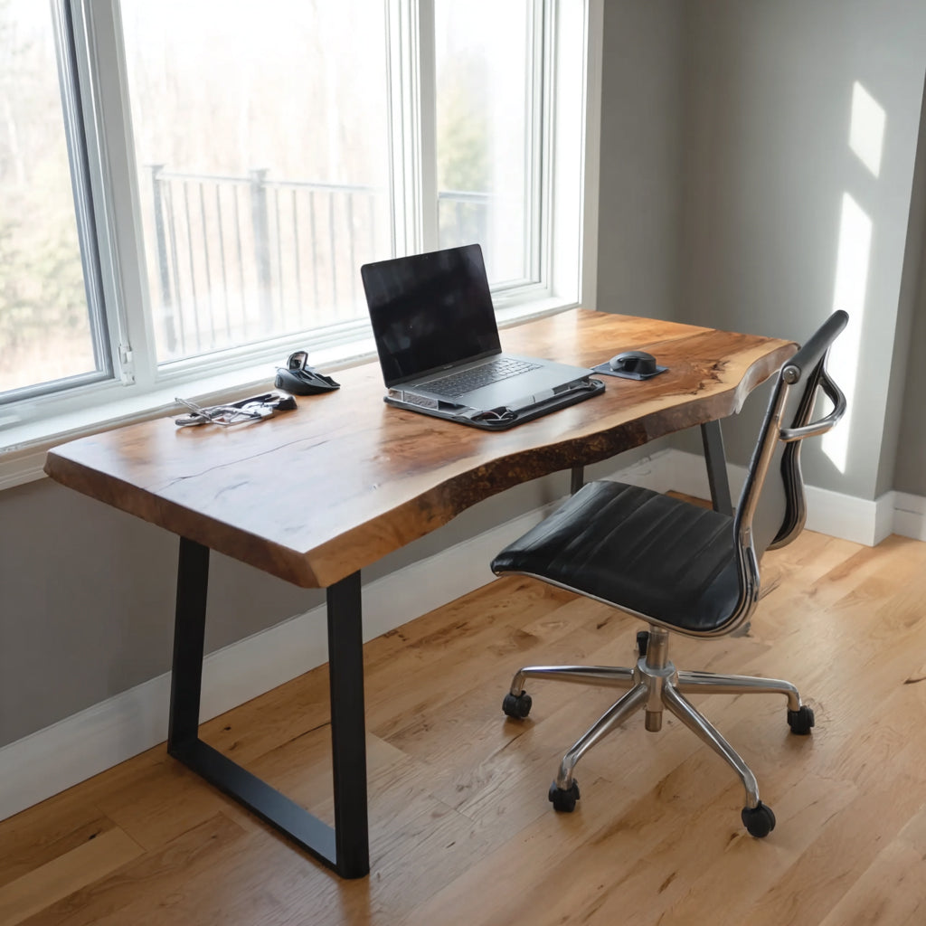 Handmade Live Edge Wooden Desk – Rustic Solid Wood Office Table with Metal Legs