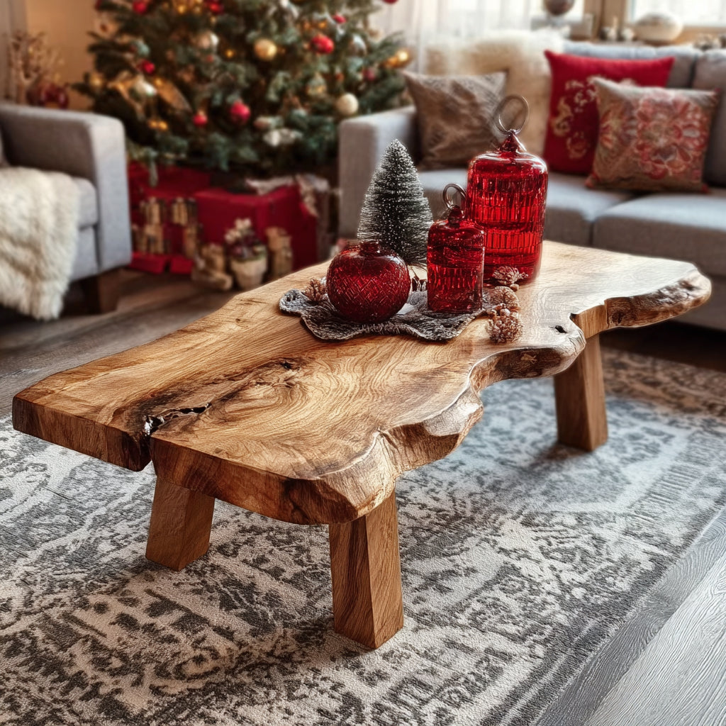 Live Edge Wooden Coffee Table – Rustic Handcrafted Solid Wood Mid Century Accent