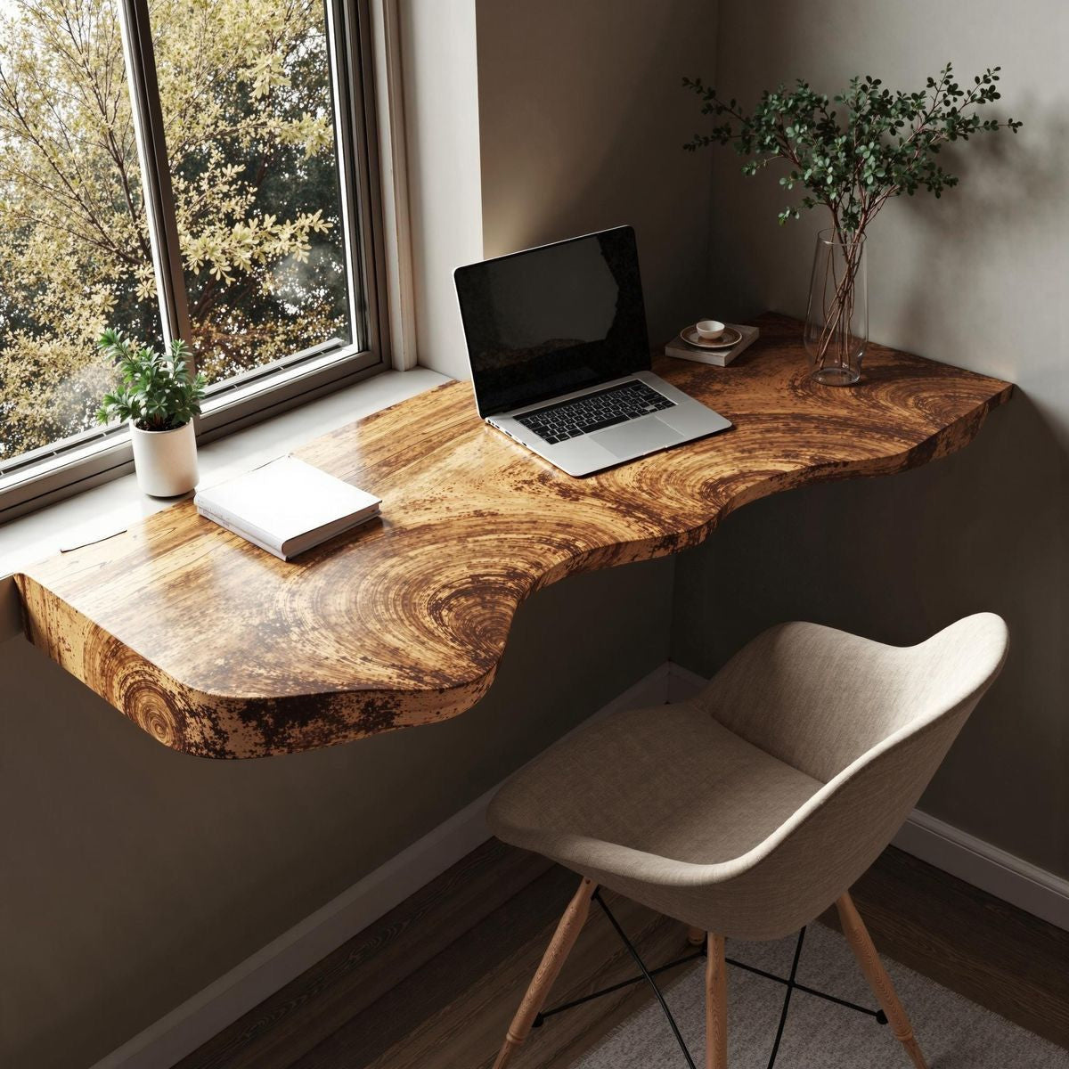Handmade Floating Desk – Rustic Live Edge Shelf, Farmhouse Wall-Mounted Bracket Desk