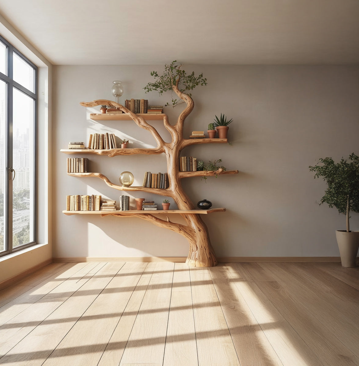 Rustic Tree Bookshelf – Handmade Wooden Bookcase, Unique Home Decor Gift