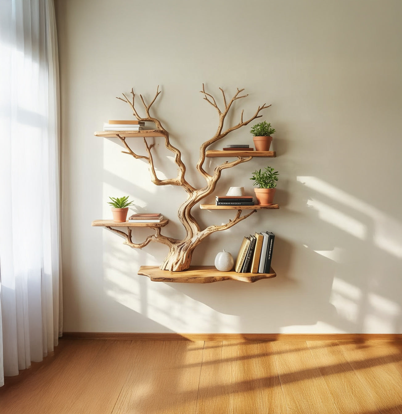 Floating Tree Branch Bookshelf – Solid Wood Driftwood Wall Art