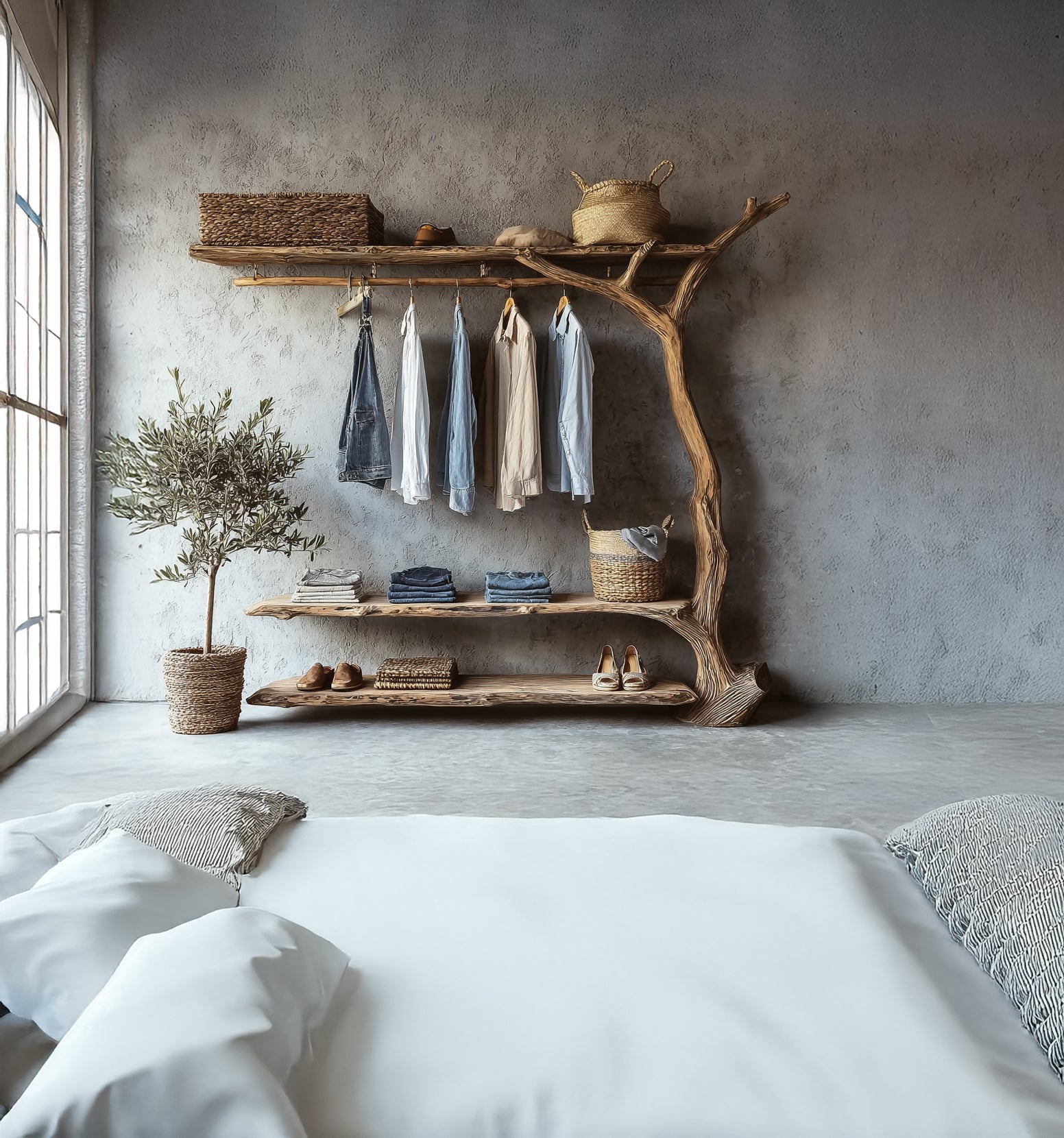 Handcrafted Tree Branch Clothing Rack – Solid Wood Wardrobe Shelf Organizer for Home Décor