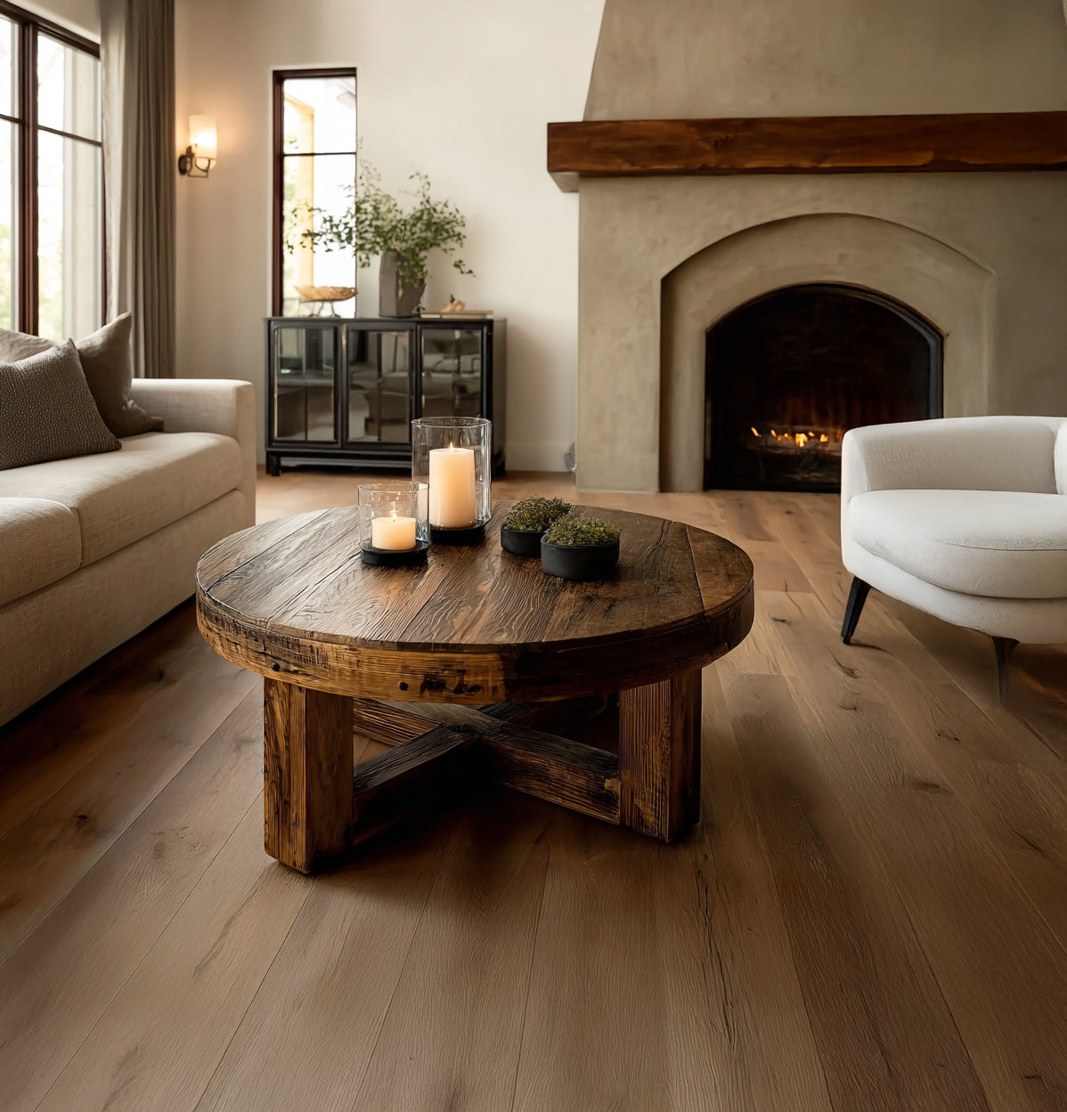 Round Oak Coffee Table – Rustic Reclaimed Wood Farmhouse Furniture