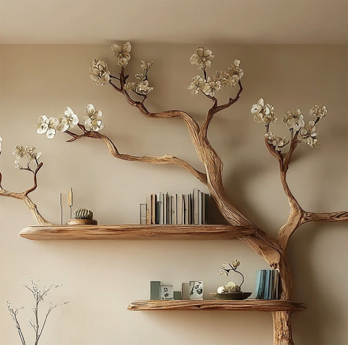 Solid Wood Tree Bookshelf – Artistic Tree Branch Bookcase, Rustic Modern Decor