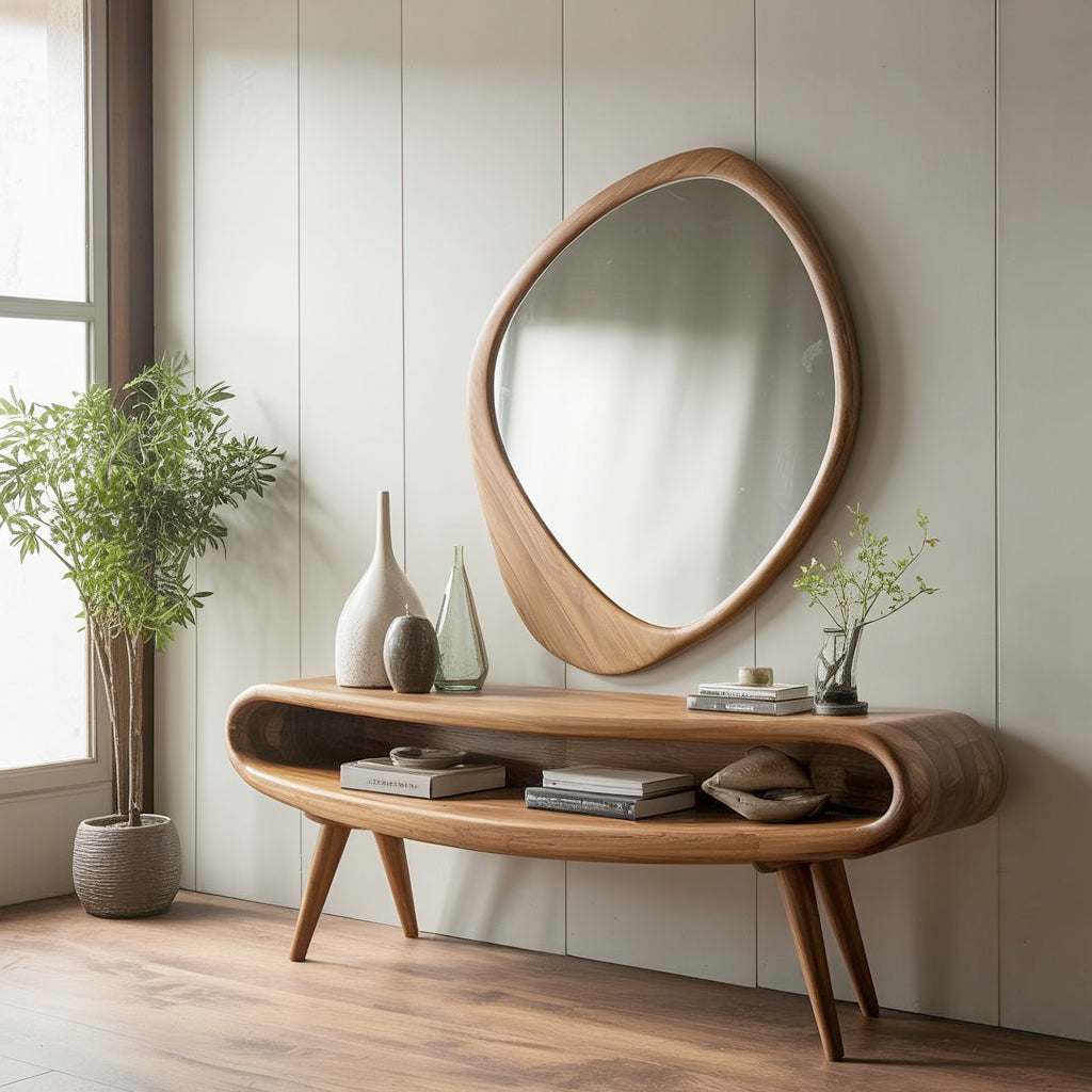 Mid-Century Modern Console Table with Mirror – Solid Wood Entryway Table