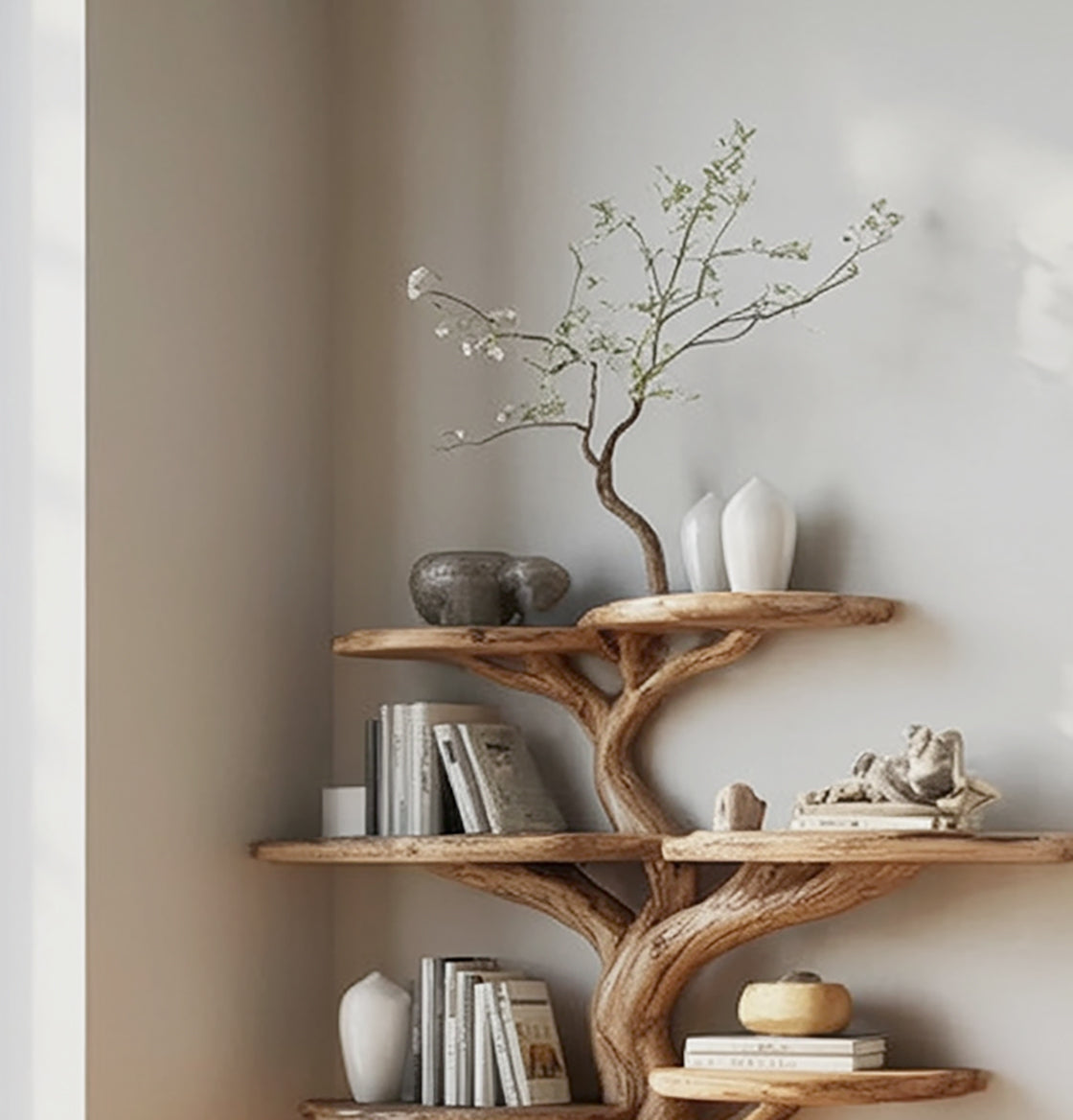 Tree Shaped Wooden Bookshelf – Handmade Solid Wood Tree Shelf for Home Decor